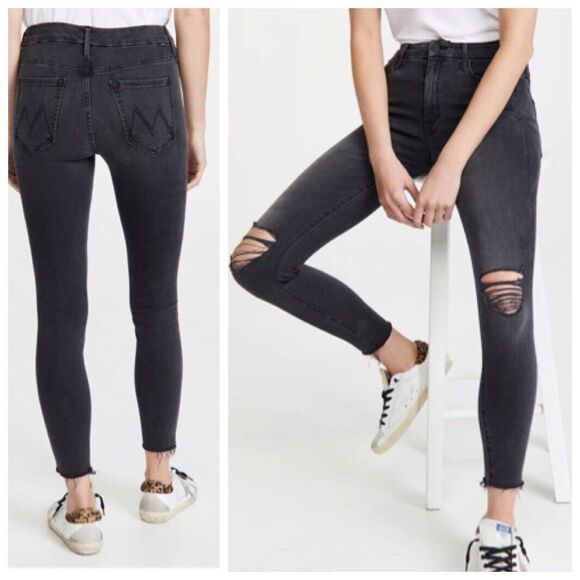 Mother NWT Looker Ankle Fray Jeans Black Distressed Skinny Raw Hem Size 24 - Picture 1 of 16